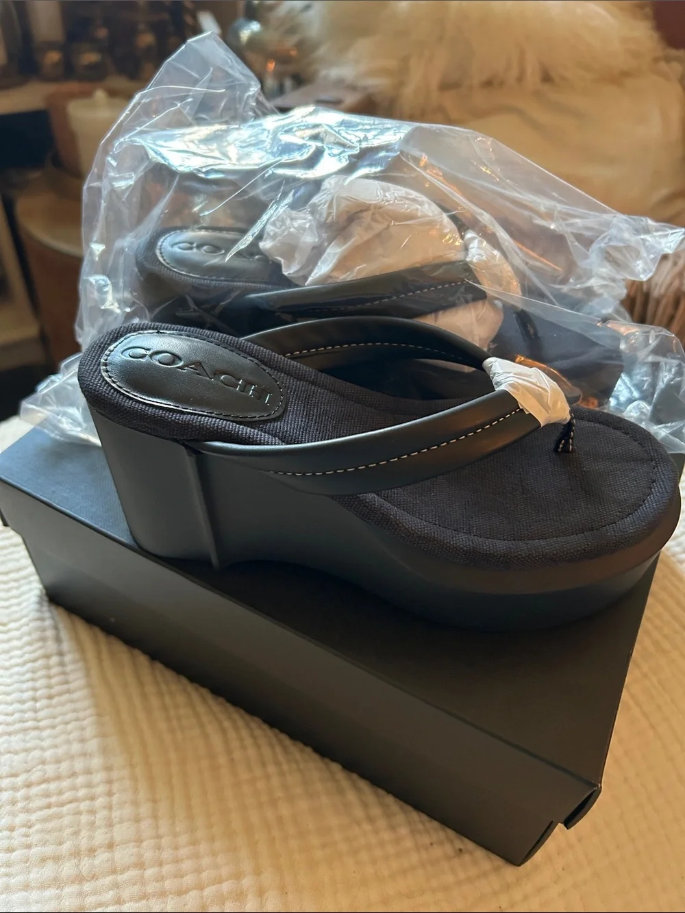 Coach Black Platform Thong Sandals New in Box
